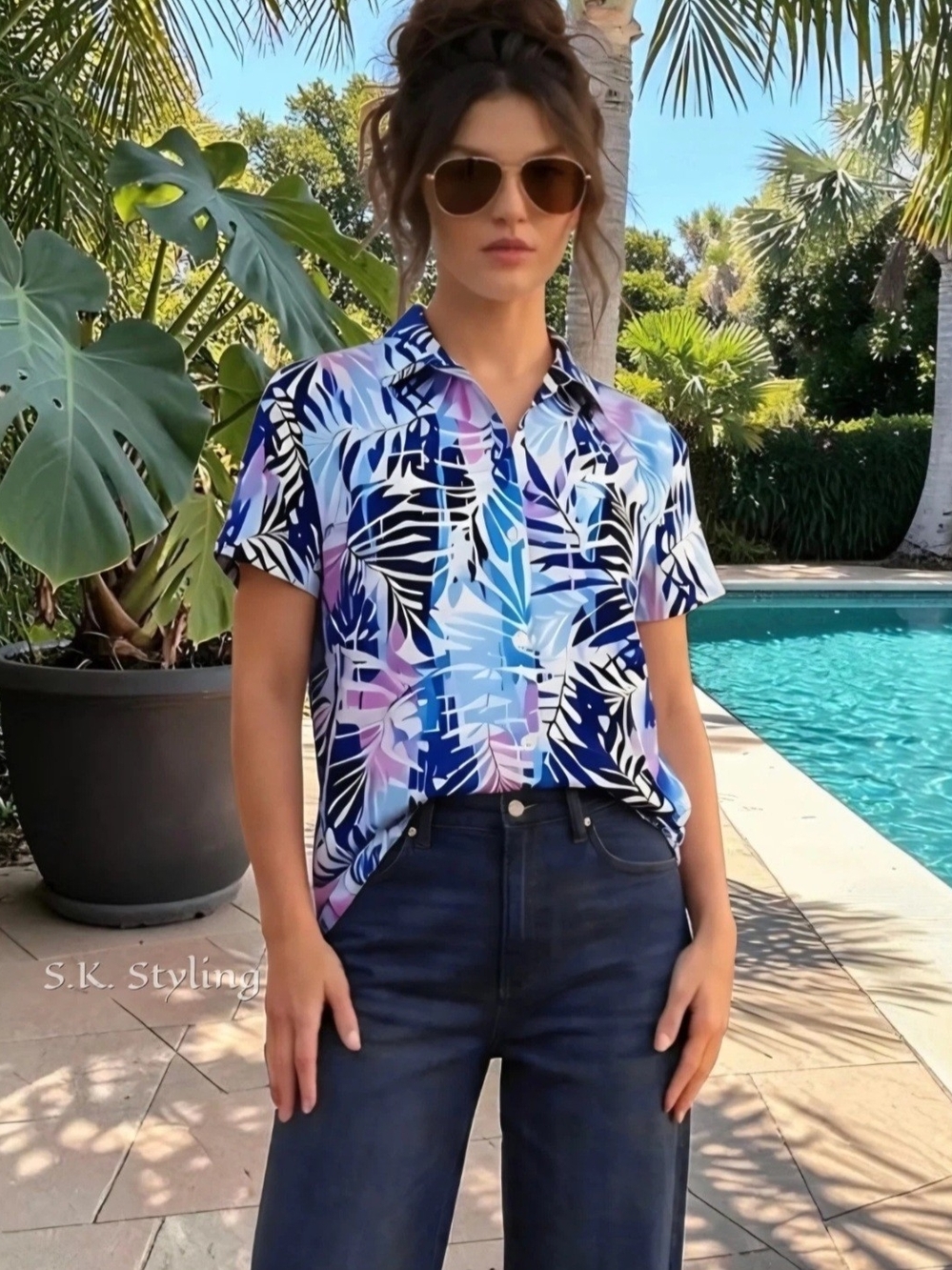 White Stag Tropical Palm Leaf Button-up Shirt Womens S/M Summer Cruise Vacation